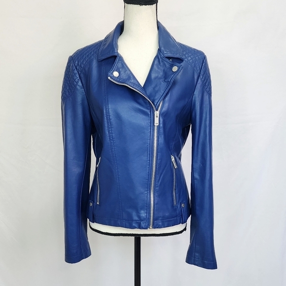 Black Rivet Blue Faux Leather Zipper Pockets Quilted Bomber Biker Jacket - Picture 1 of 6